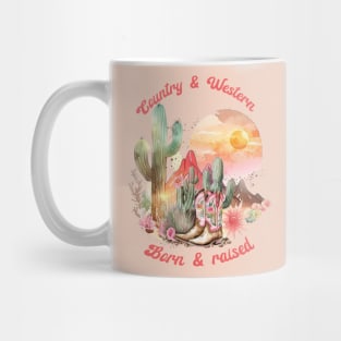 Country and western; west; country; music; cowgirl; country girl; gal; desert; landscape; vintage; retro; Nashville; cowboy; wild west; rodeo; boots; cowgirl boots; sunset; sky; born and raised; cactus; Mug